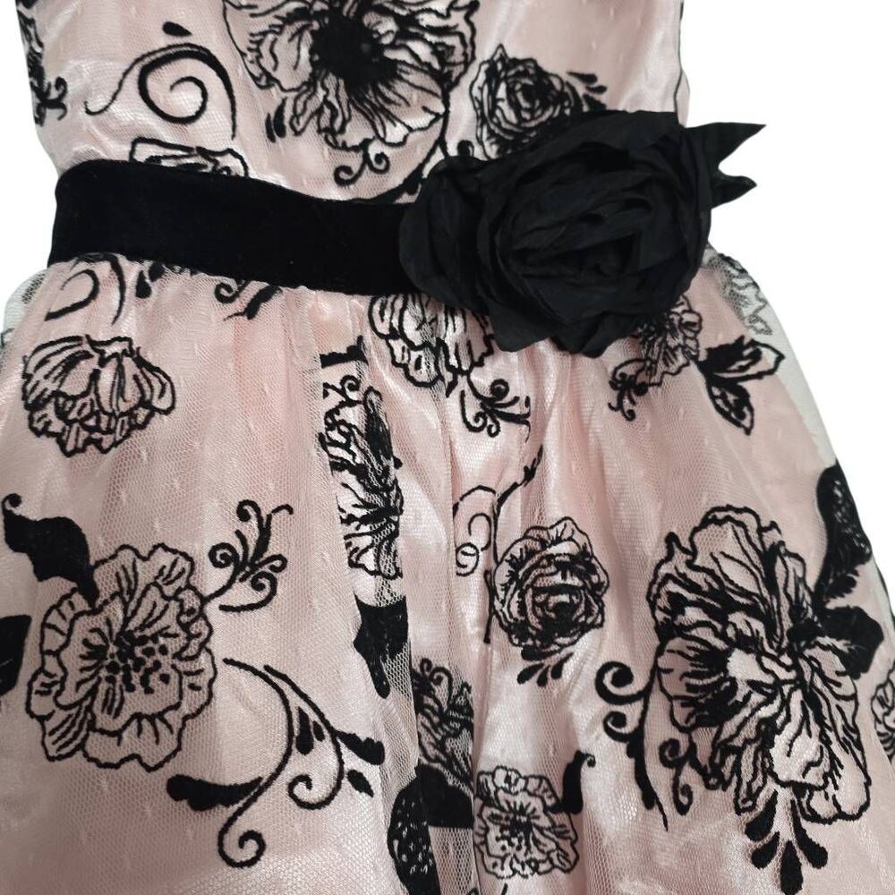 Younghearts Girls Size 7 Pink Black Tulle Velvet Floral Print Formal Dress - Picture 2 of 5